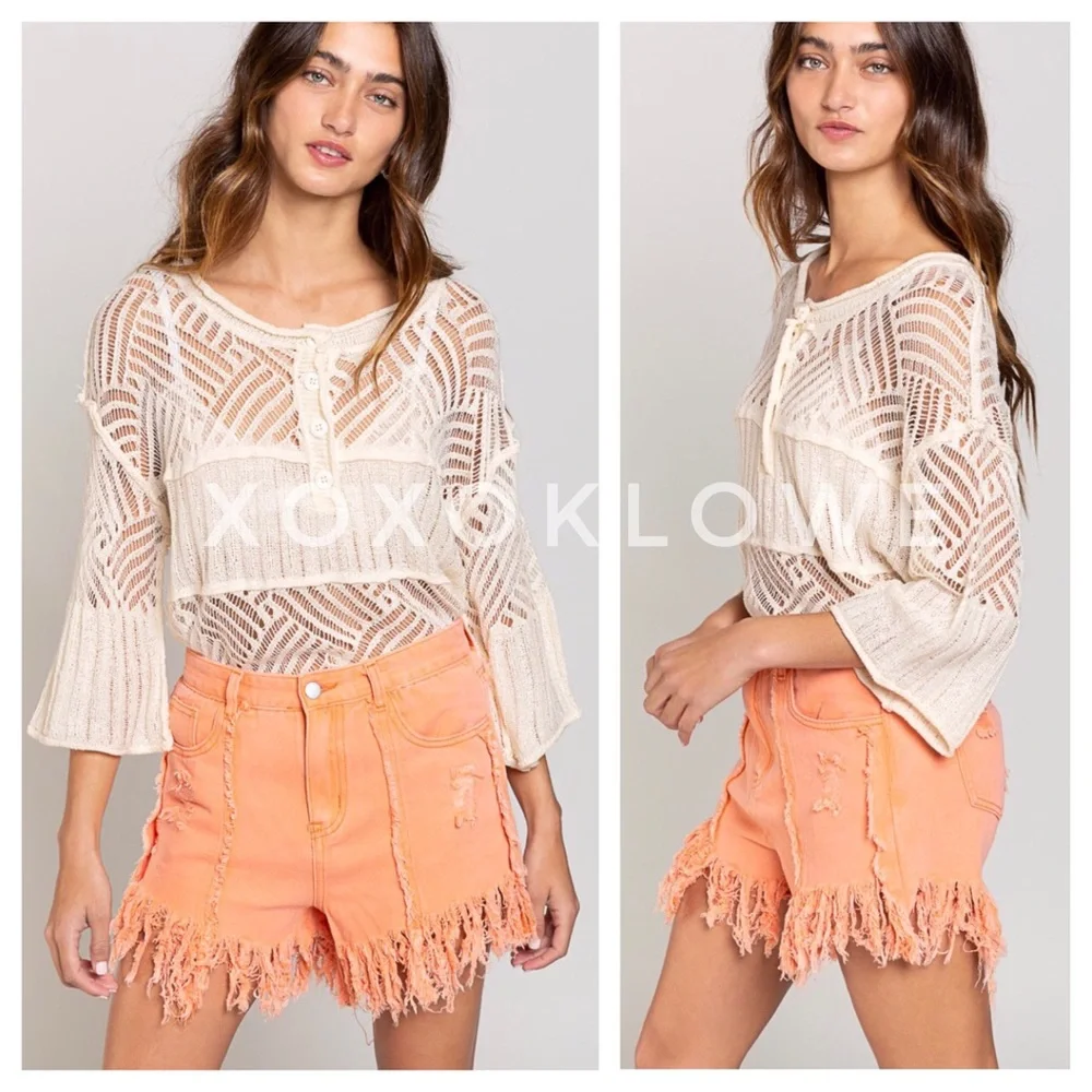 POL Open Weave Loose Knit Half Button Top